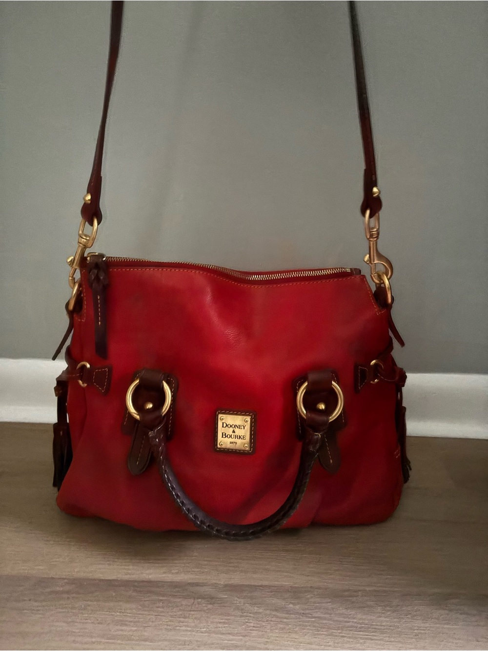 Dooney & Bourke Red Leather Satchel with Brown Trim